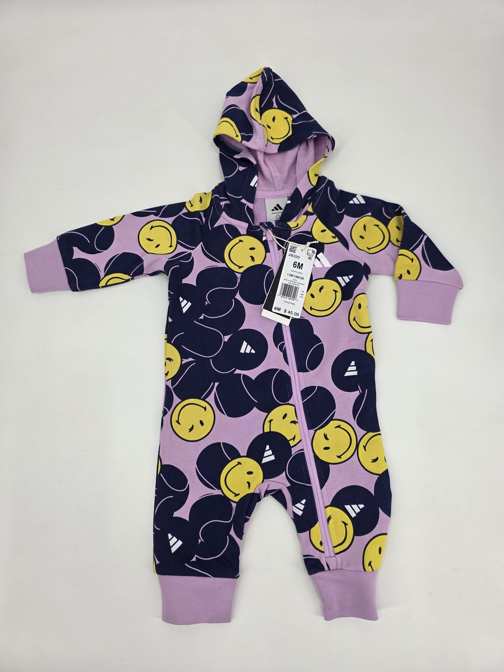 Adidas X Smiley World Smiley Hooded Baby One-Piece Bodysuit Size 6 Months NWT